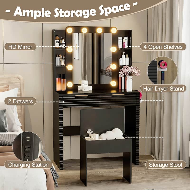 Roomfitters Makeup Vanity Table with Hollywood Lighted Mirror, Fluted Ribbed Drawers, Hair Dryer Holder and Stool, Black