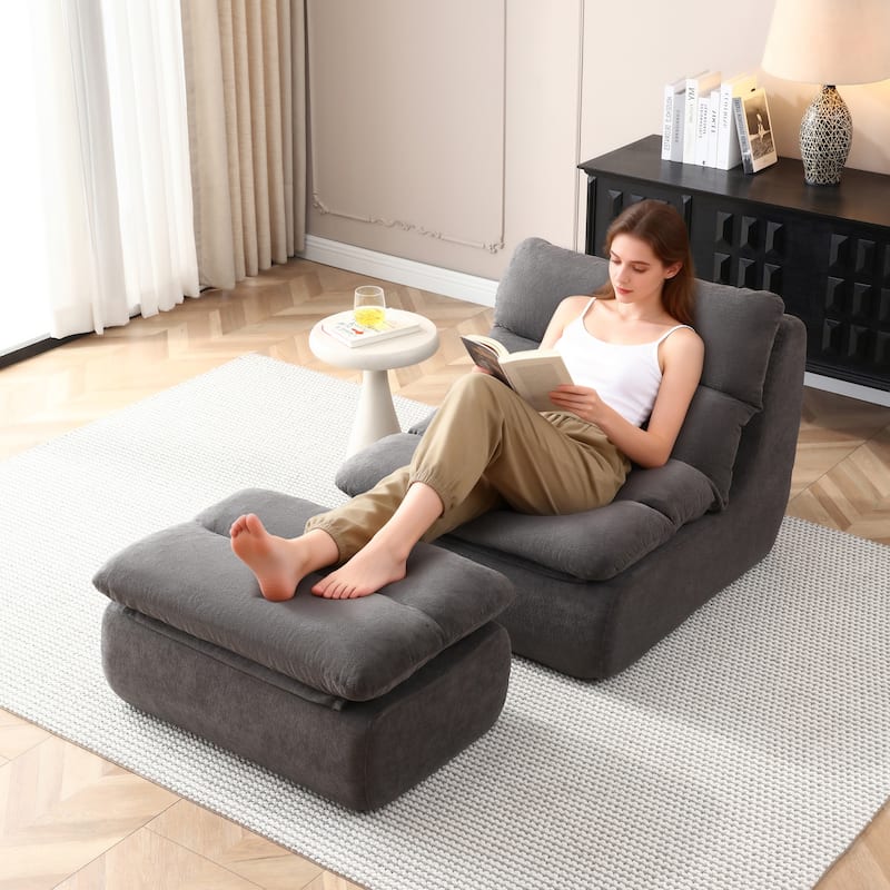 32"Bean Bag Chair with Ottoman, Big Chaise Lounge Chairs for Adults,Tufted Upholstered Lazy Sofa