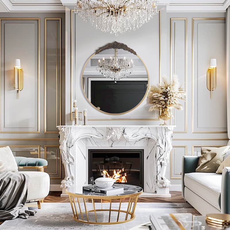 Baroque Style Round Mirror Antique Brass Decorative Wall Art Mirror Metal Frame Top with Resin Rose Pattern