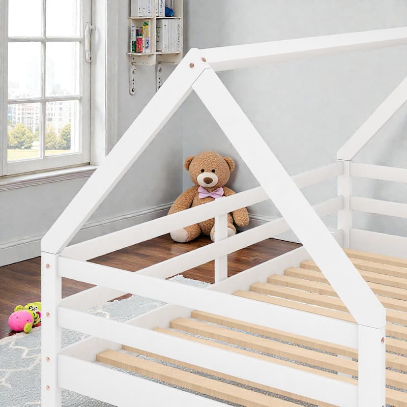 Twin over Twin Low Bunk Bed House Frame with Ladder, Kids Wooden Bunk Bed, Pine Wood and MDF, No Box Spring