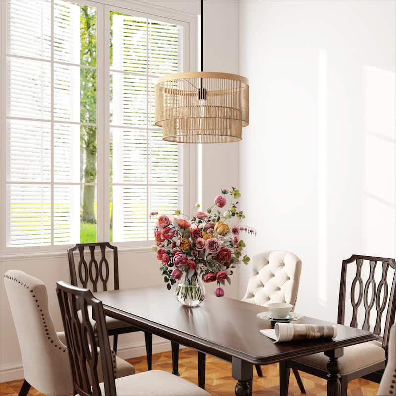 1-Light Rattan Tiered Drum Chandelier Light