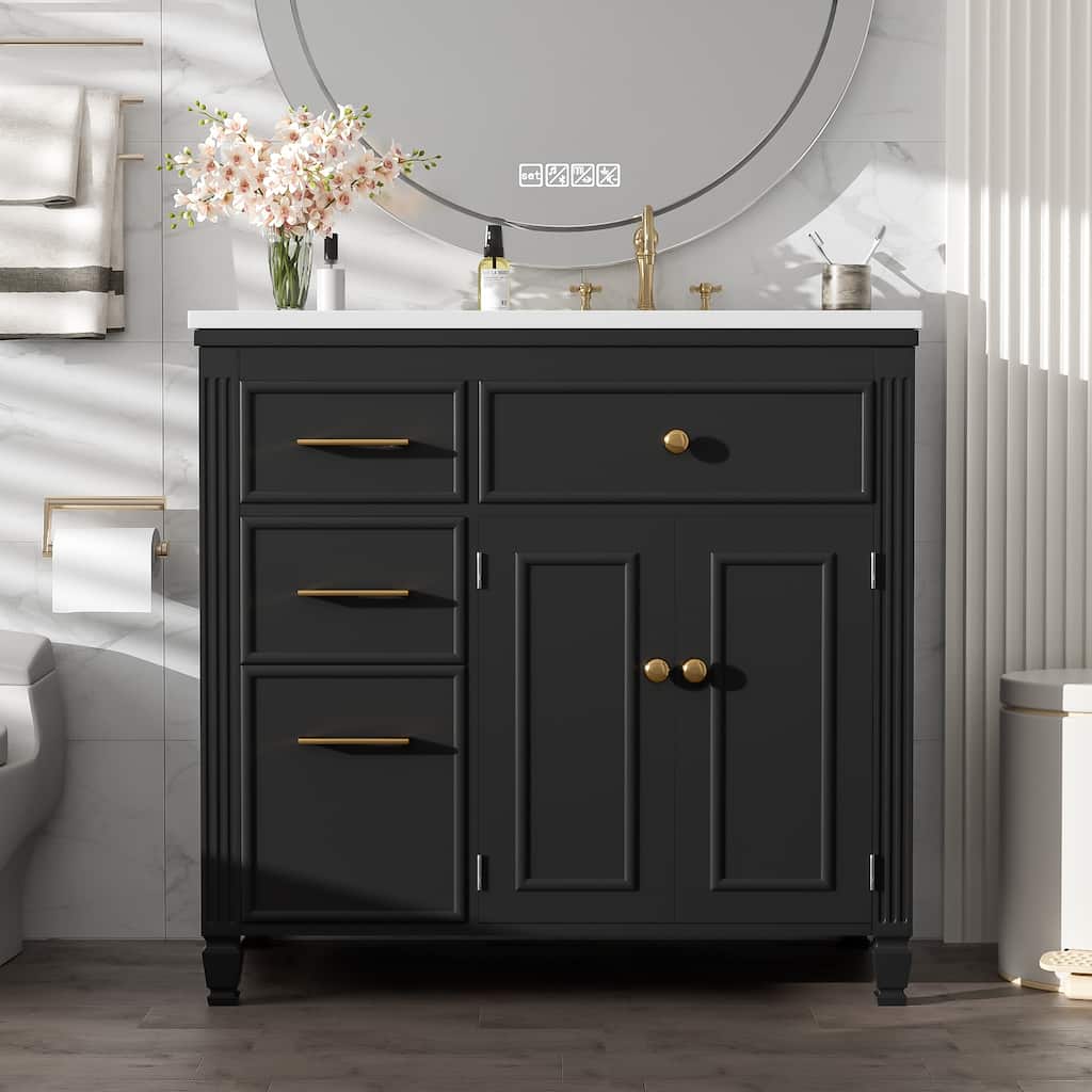 36" Bathroom Vanity with Ceramic Sink, Solid Wood Frame Storage Cabinet with Tip-Out Drawer & Cushioning Doors