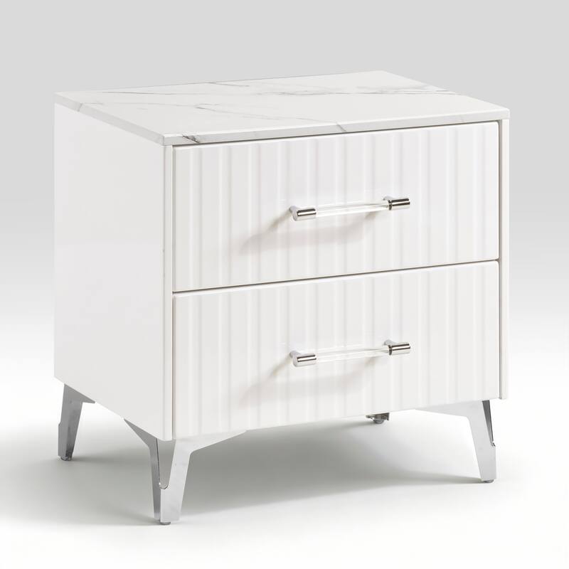 Glam Nightstand - White Faux Marble Top with Chrome Legs & 2 Drawers