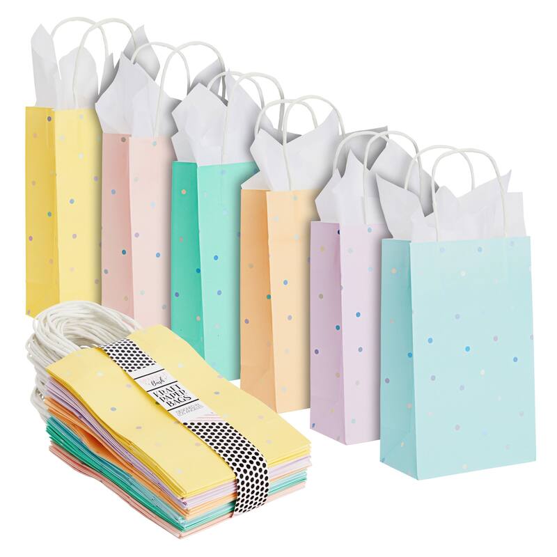 Blue Panda 36 Pack Small Paper Bags with Handles and Tissue Paper, 6 Colors, 9 x 6 x 3 In