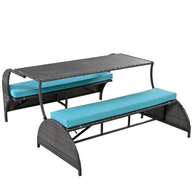 All Weather Outdoor Rattan Loveseat Sofa with Removable Cushions, Convertible to 4 Seats and Table - Blue