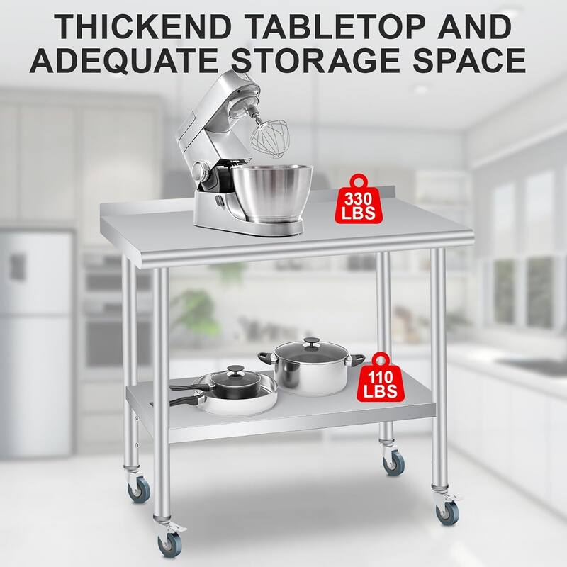 tainless Steel Work Table with Backsplash, Adjustable Under Shelf