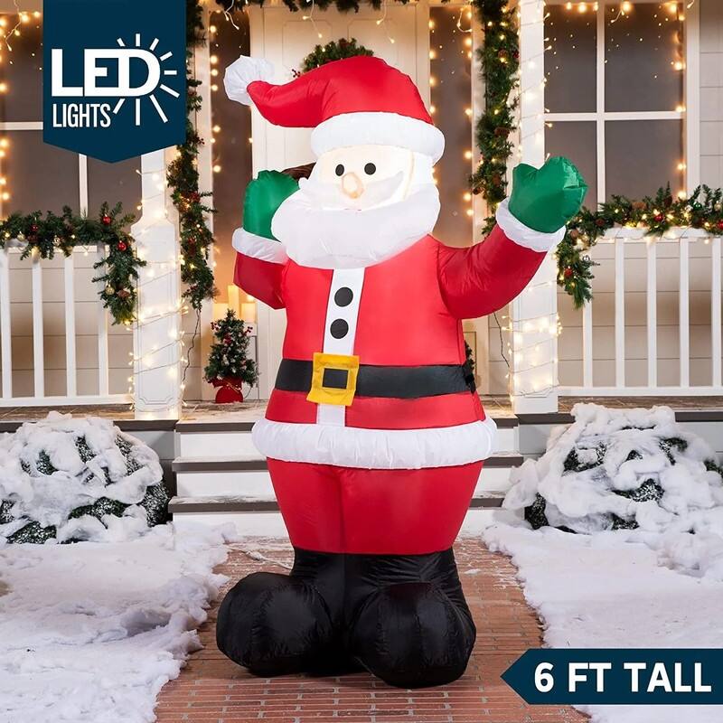 6 ft. Tall White, Green & Red Plastic Christmas Waving Santa Claus Inflatable - Multicolor
