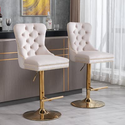 Modern Adjustable Seat Height Swivel Barstools with Tufted Back - Set of 2