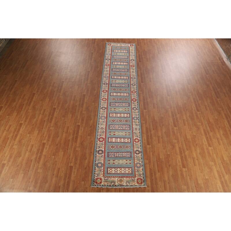 Blue Geometric Kazak Runner Rug Hand-Knotted Traditional Wool Carpet - 3'4" x 16'4"