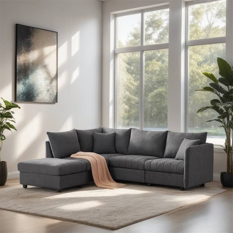 Sectional Sofa w/Vertical Stripes,5-Seat Couch w/Convertible Ottoman