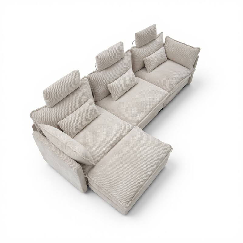 Modern Cream Corduroy 4-Seater Sectional Sofa with Adjustable Headrests, Pocket Spring Seats & Chaise Lounge