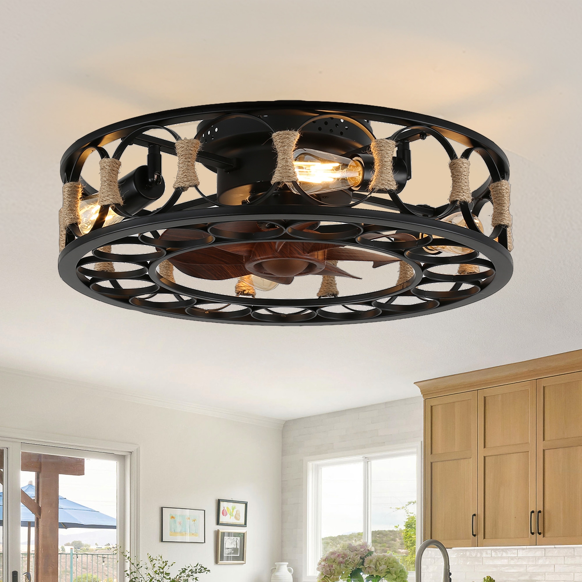 Bella Depot 20" Farmhouse Flush Mount Caged Ceiling Fan with Remote and Light Kit 6-speed Reversible Motor - 20 inch