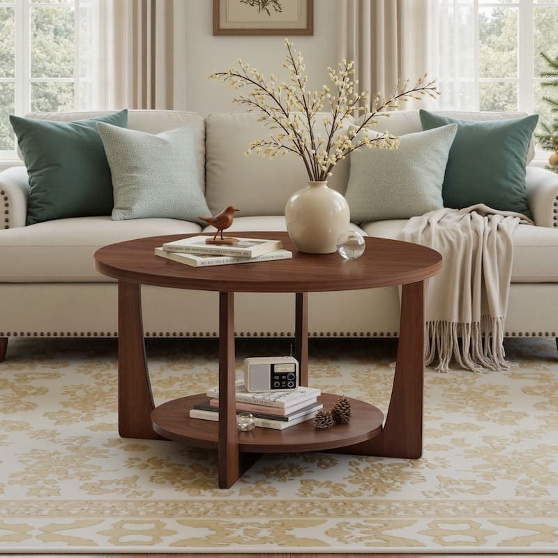31.5" Round Coffee Table with Solid Wood Legs and 2-Tier Storage - 31.5"Dia x 17.72"H