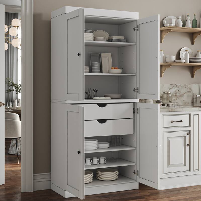 Palace Imports 100% Solid Wood Pantry Cabinet, Shaker Doors, 2 Drawers, Adjustable Shelves, 32" Wide, 71.5" Tall - White