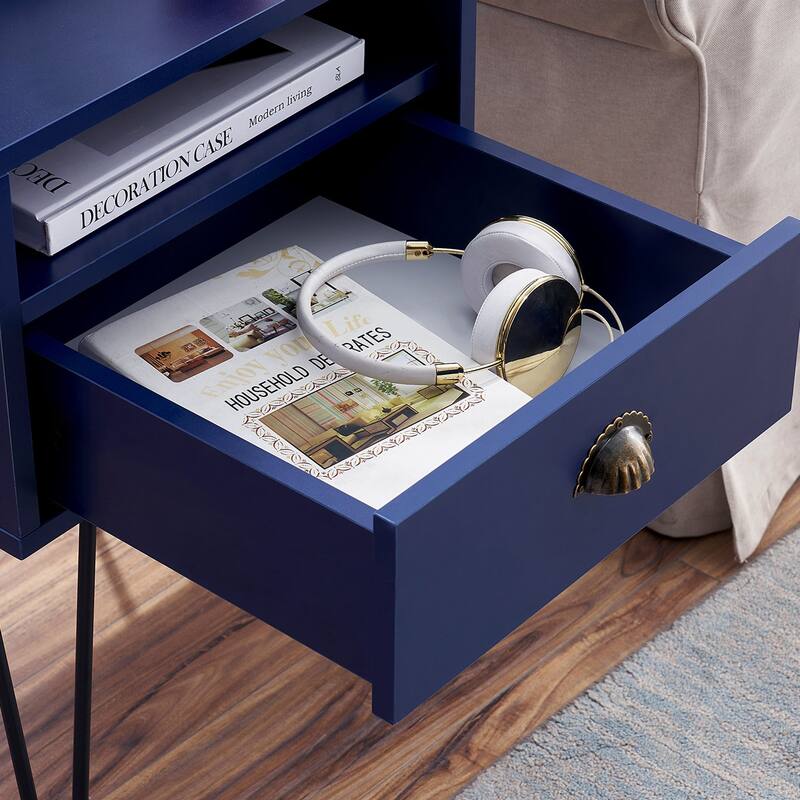 VECELO Mid Century Modern Nightstand with Drawer Open Shelf V-Shaped Metal Legs End Table for Bedroom Living Room