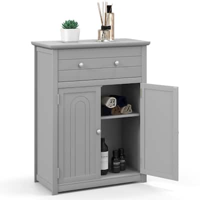 Gymax Bathroom Floor Cabinet Wooden Storage Organizer with Drawer &