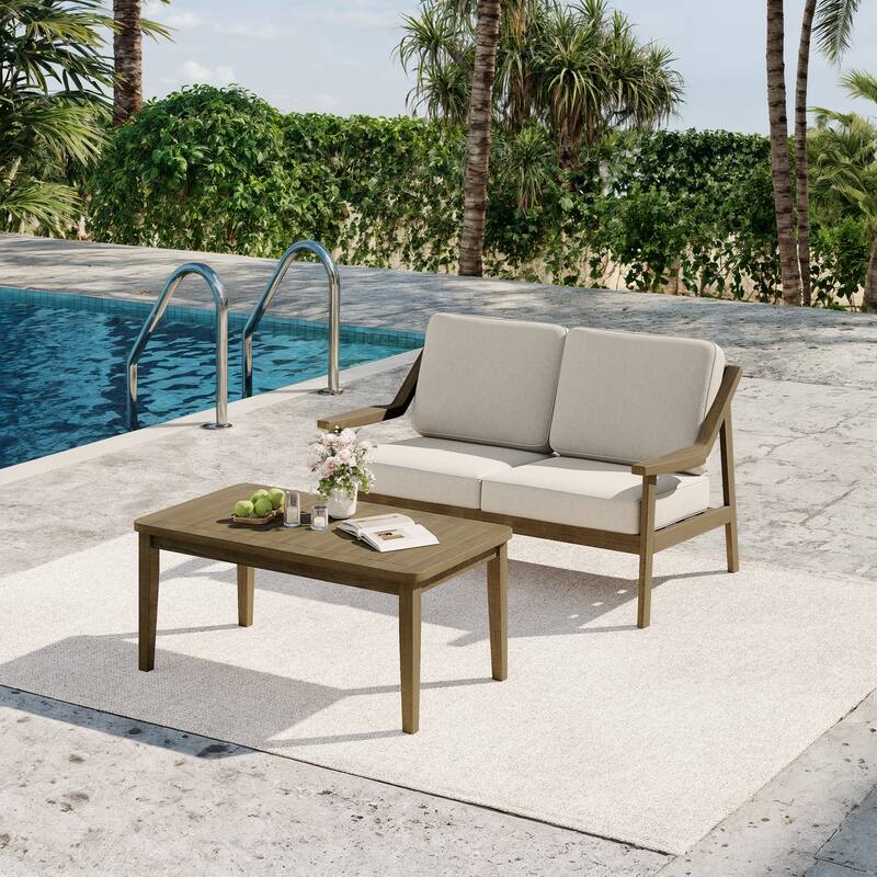 2-piece Brown/ Black Teak Cushioned Patio Loveseat Set with Coffee Table