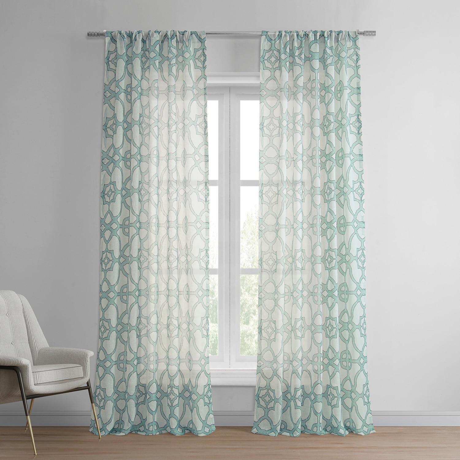 Exclusive Fabrics Sea Glass Blue Printed Faux Linen Sheer Curtain