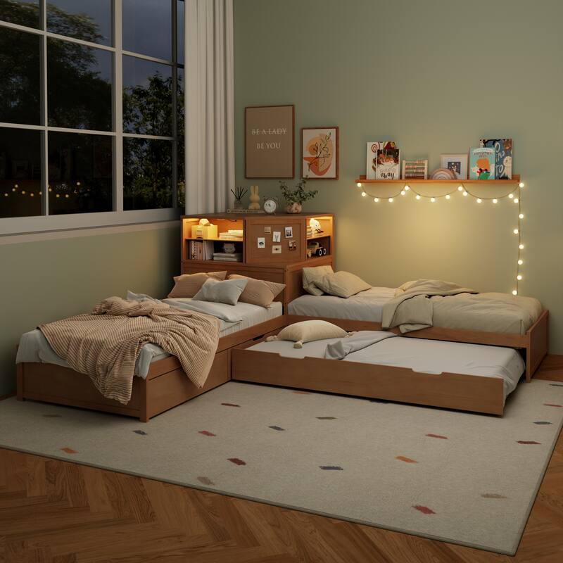 All-in-one Low Profile Platform Bed with Trundle and Drawer, Wooden Floor Bed Linked Corner Bed Built-in Desk and Led Downlight
