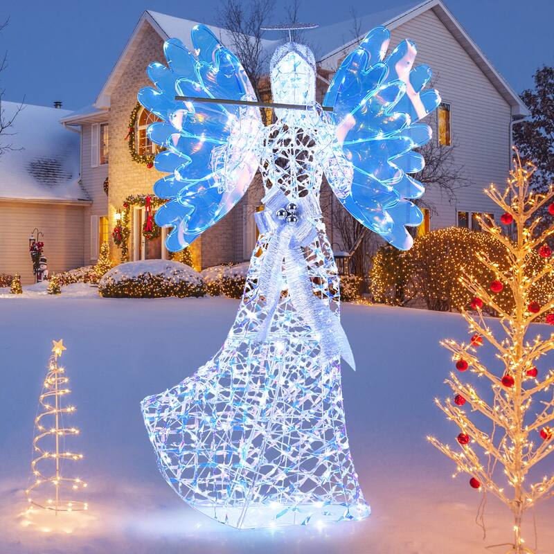 Clear-Blue Metal PVC 3D Lighted Angel with 250 LED Lights for Christmas Decor - 3 ft x 12.5" x 5.2 ft