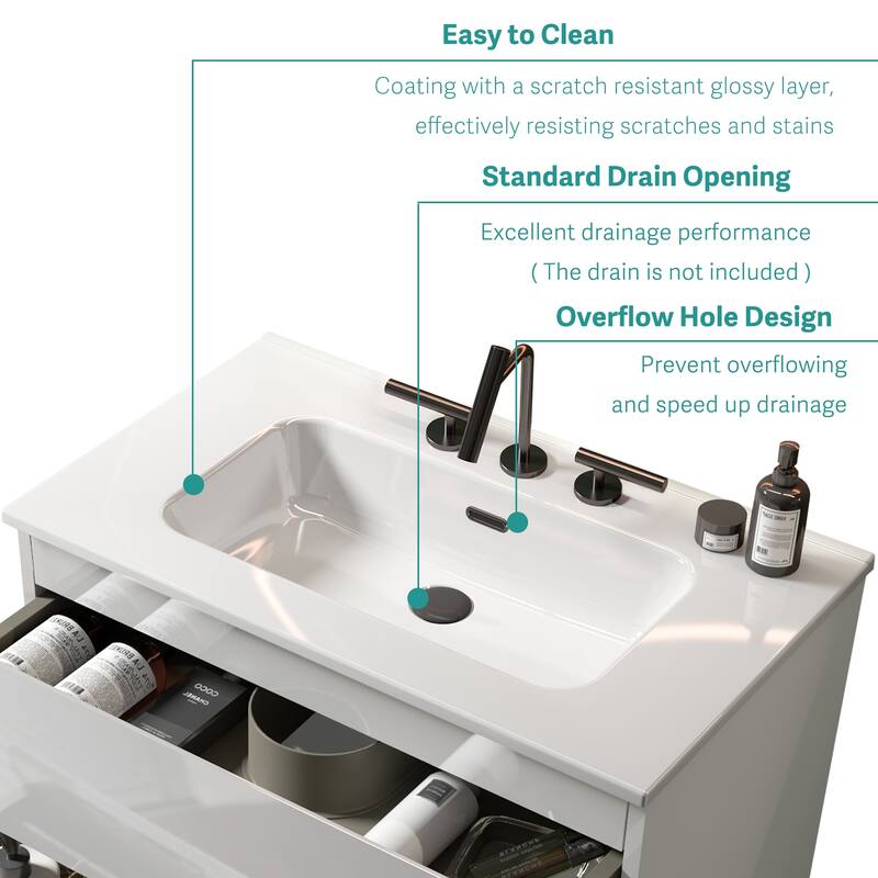 GDFStudio - Modern Sleek Rounded Edges Integrated Ceramic Basin with Glossy Finish, Drain Not Included