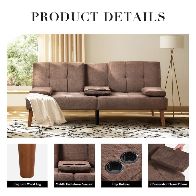 ​65" Futon Sofa Bed - Adjustable, Dual Cup Holders, Space-Saving for Small Rooms​