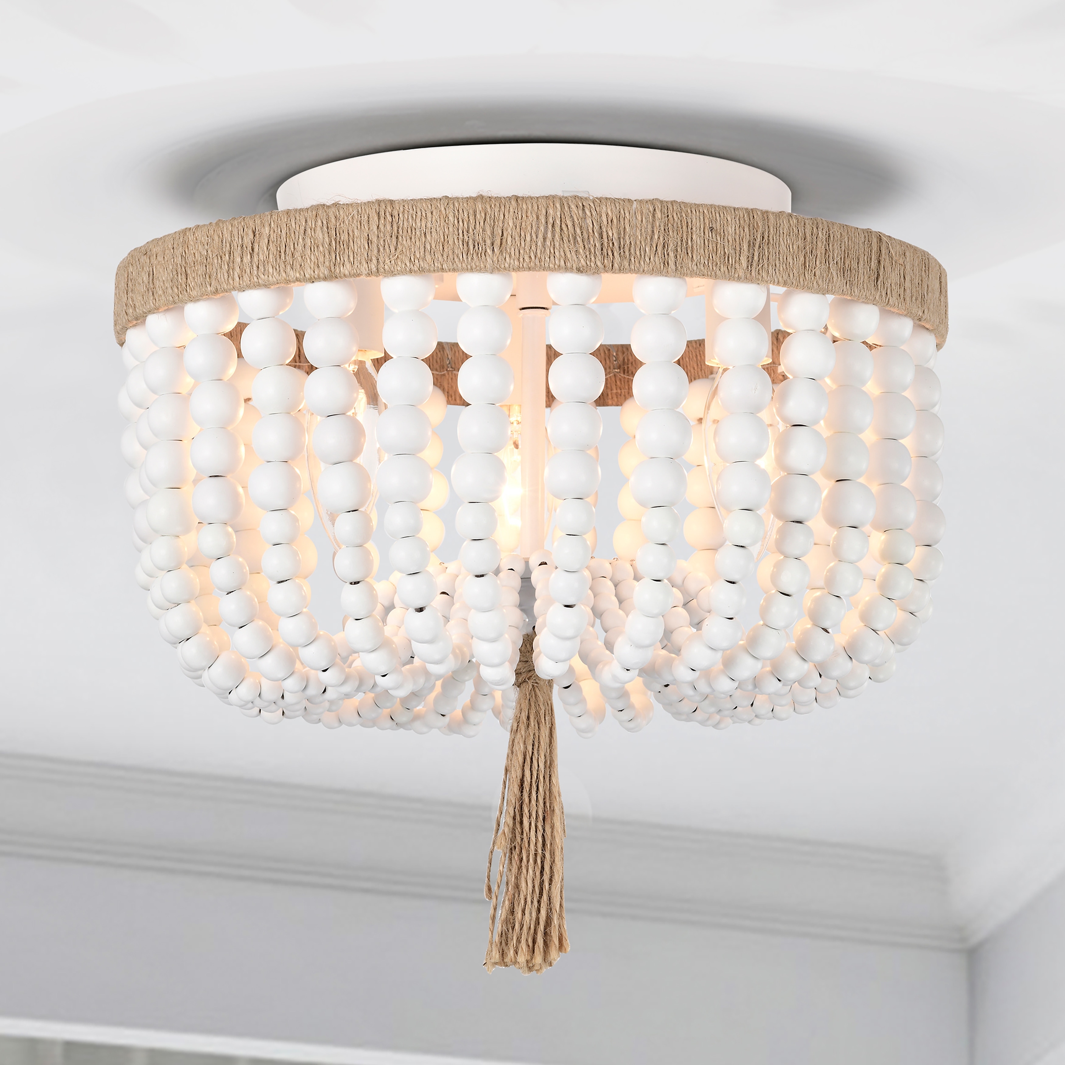 White Wood Beaded Chandelier 3 Light Farmhouse Wood Bead Light White Light