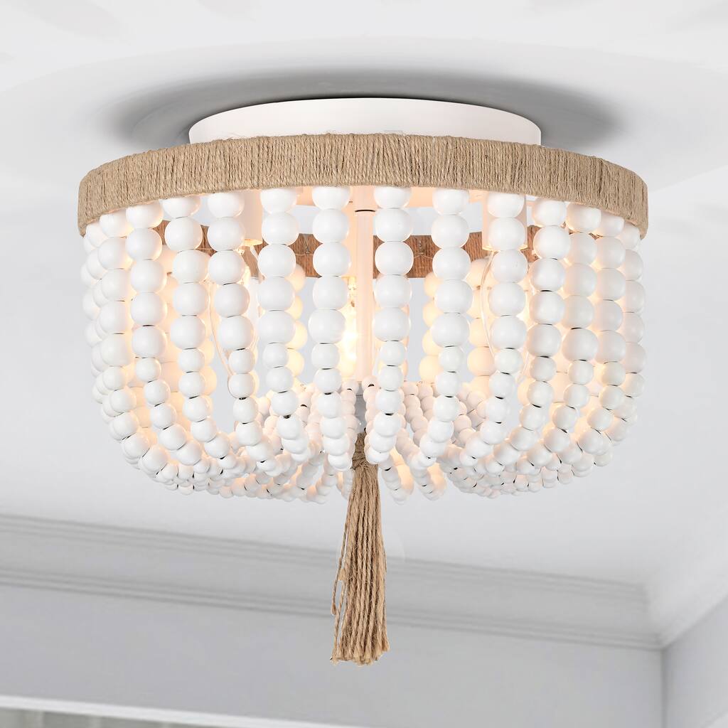 White Wood Beaded Chandelier 3-Light Farmhouse Wood Bead Light