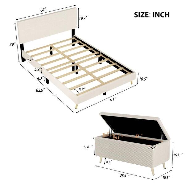 dimension image slide 0 of 2, Queen Upholstered Bed and Storage Ottoman Set, 2-Piece Bedroom Furniture