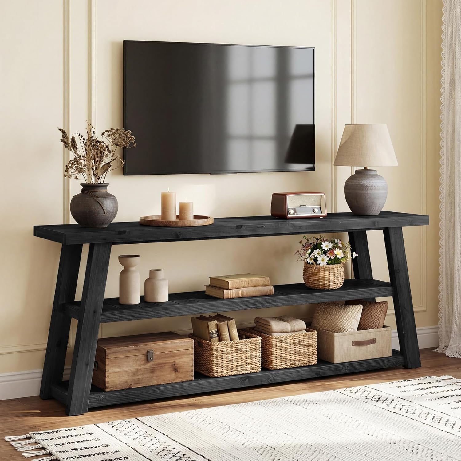 63-Inch Solid Wood TV Stand for Living Room, 3 Tier Wooden Television Media Console for TVs Up to 70 Inches
