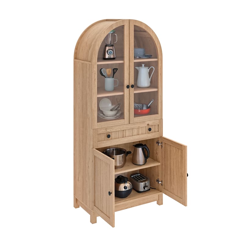 71 Inch Tall Farmhouse Arched Pantry Cabinet with Large Drawers and Adjustable Shelves for Kitchen Storage Organization