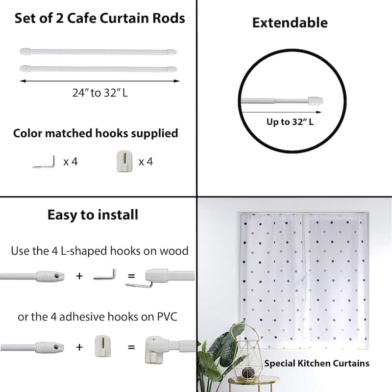 Bundle 2 Cafe Curtain Rods with 4 Self Adhesive Matching Hooks