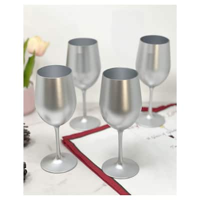 Metallic Silver Color Plastic Wine Glasses Set of 4 (12oz), BPA Free Acrylic Wine Glass Set Unbreakable