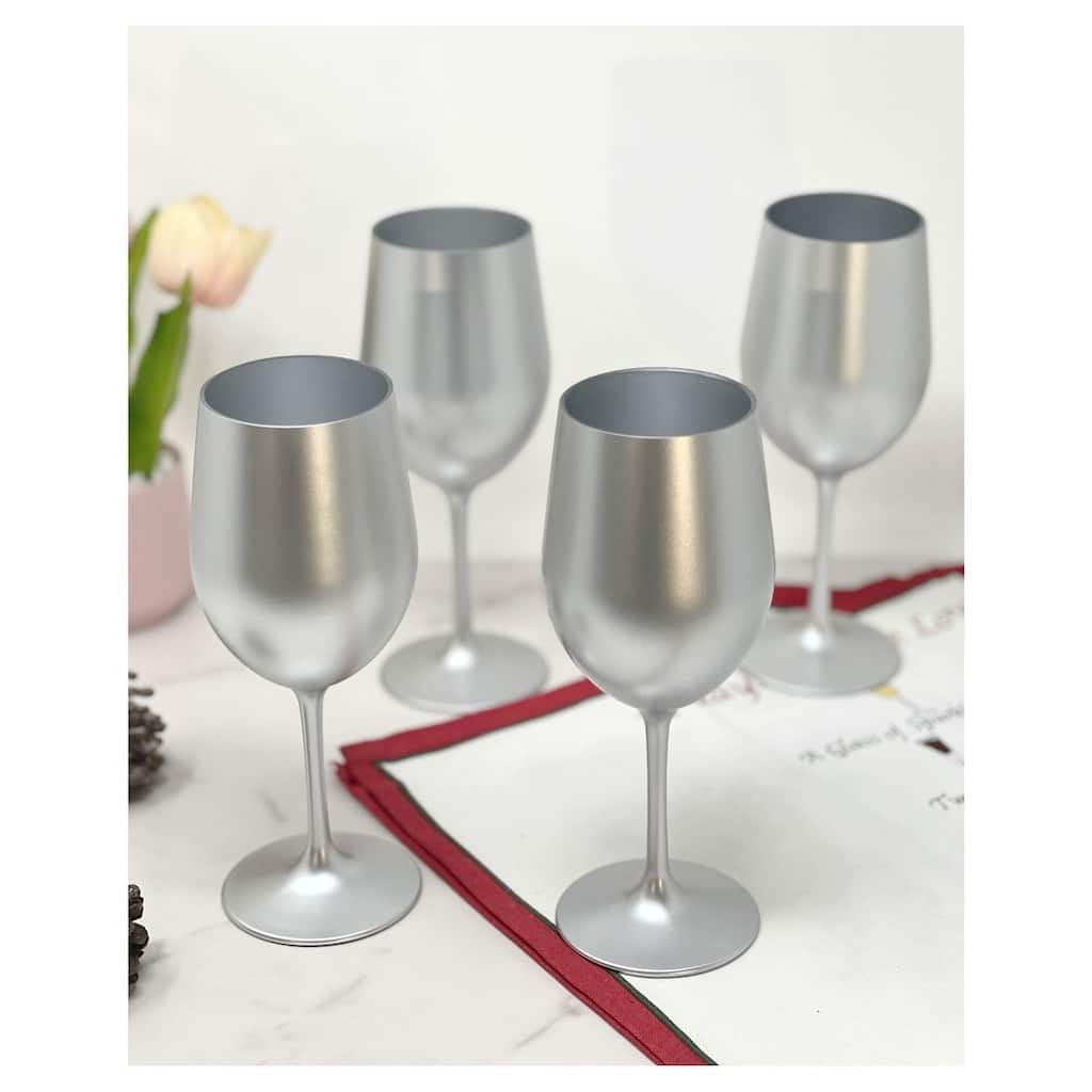 Metallic Silver Color Plastic Wine Glasses Set of 4 (12oz), BPA Free Acrylic Wine Glass Set Unbreakable
