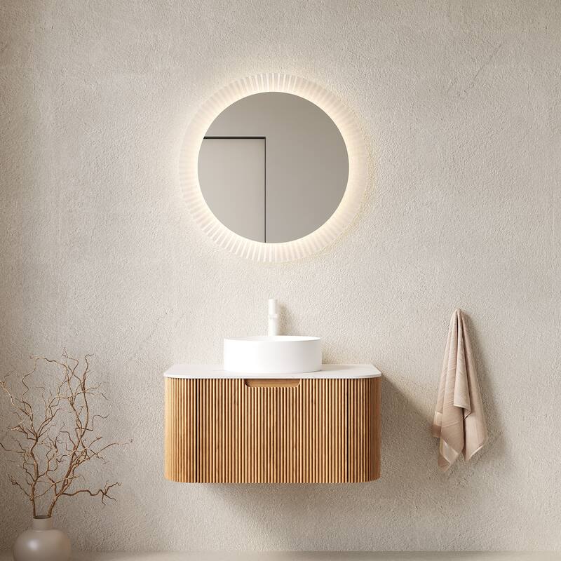 30" Bathroom Vanity&Sink, Floating Curved Edges Striped Bathroom Storage Cabinet with Drawer, White Round Ceramic Basin - Natural Wood,White
