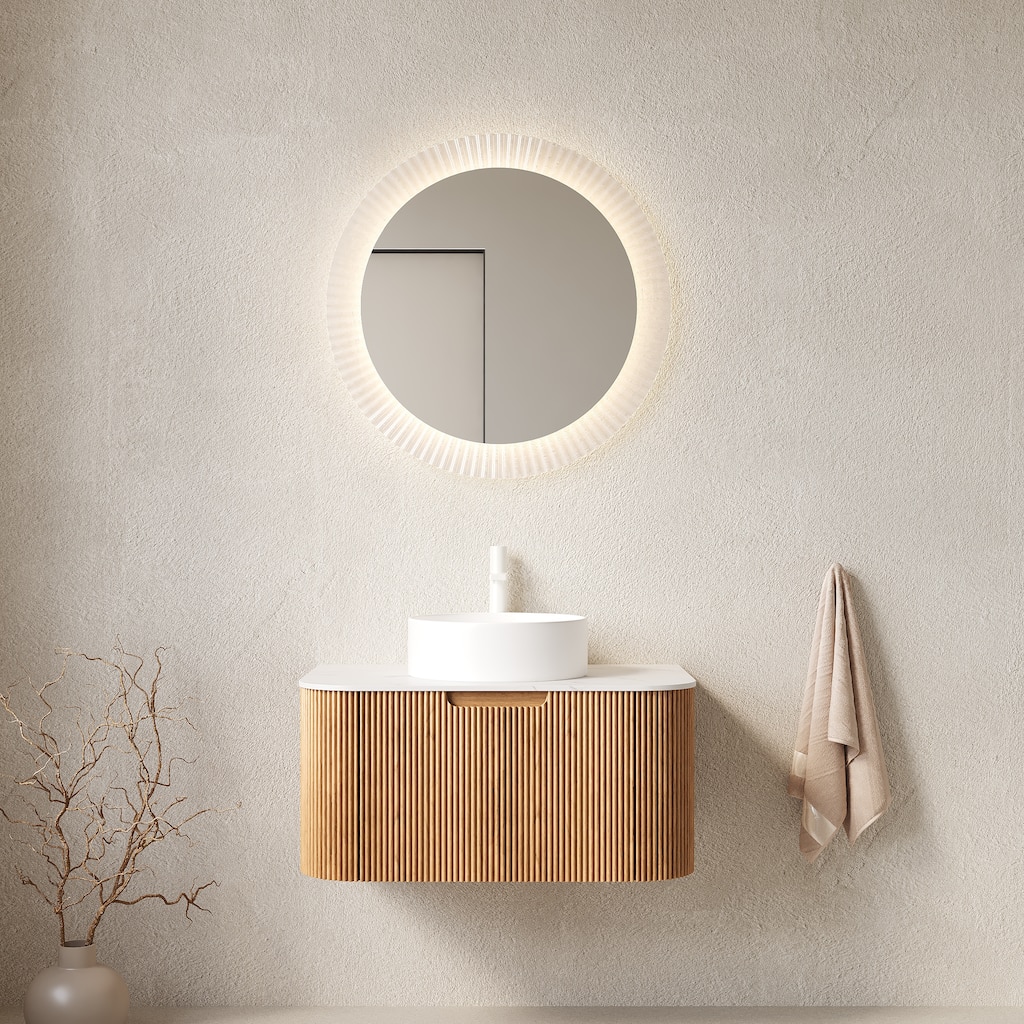 30" Bathroom Vanity&Sink, Floating Curved Edges Striped Bathroom Storage Cabinet with Drawer, White Round Ceramic Basin