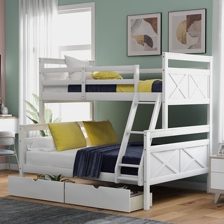 Twin Over Full Bunk Bed with 2 Storage Drawers & Ladder, Wood Bunkbed ...