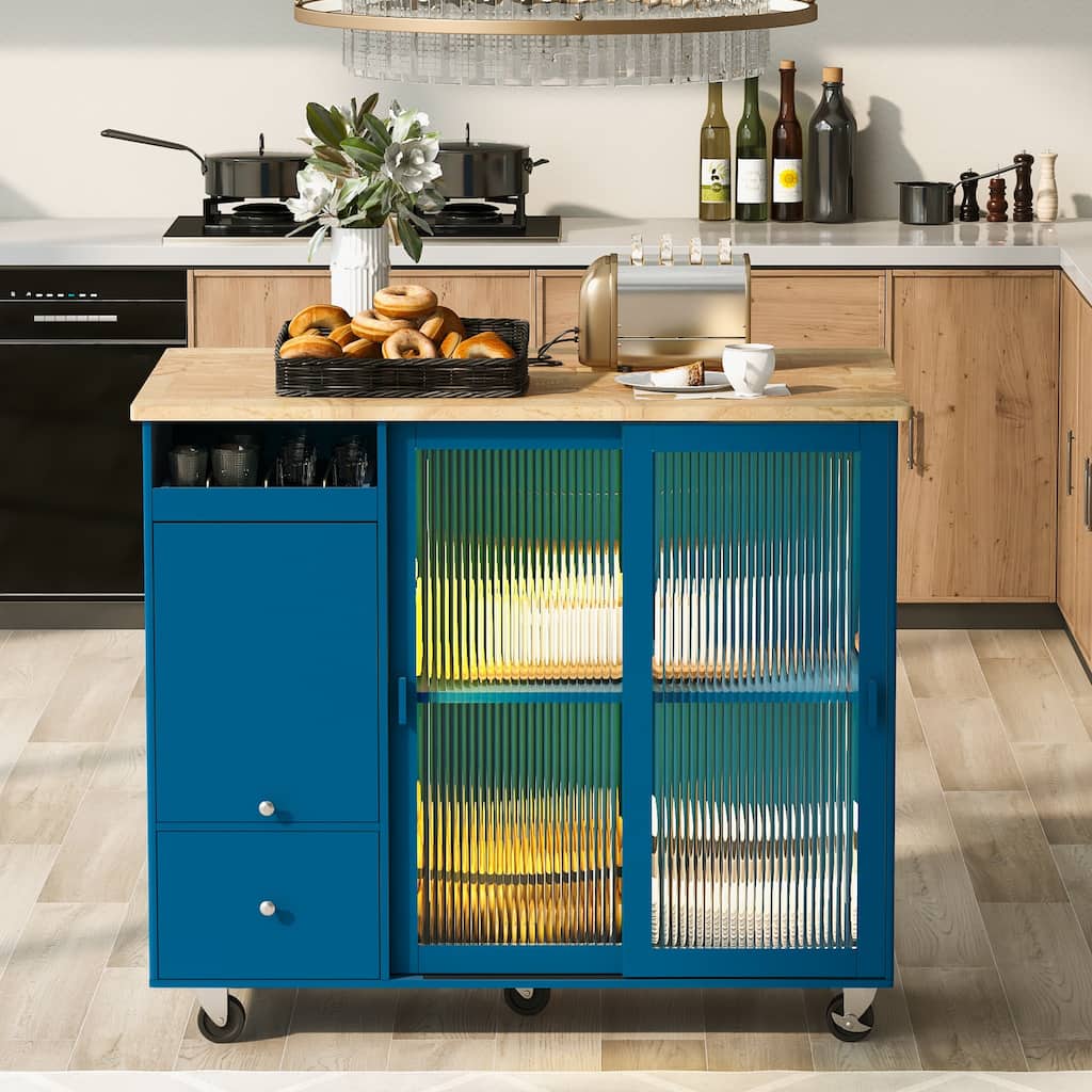 LED Light Kitchen Cart on Wheels with 2 Fluted Glass Doors