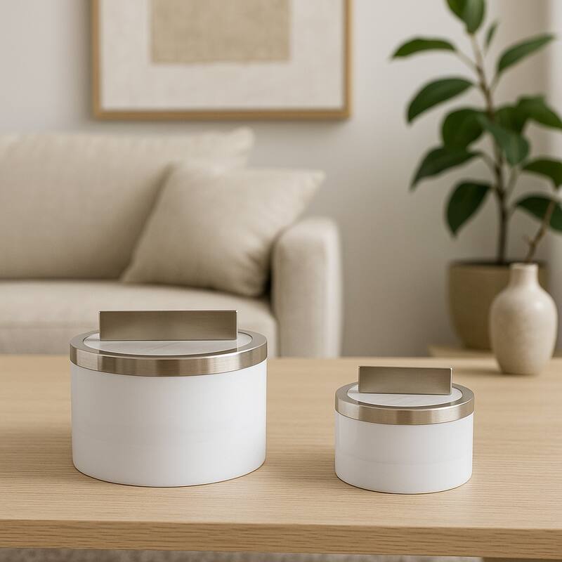 Elegant Round Decorative Box with Metal Lid - Set of 2, 7", 5", White - 7.0"