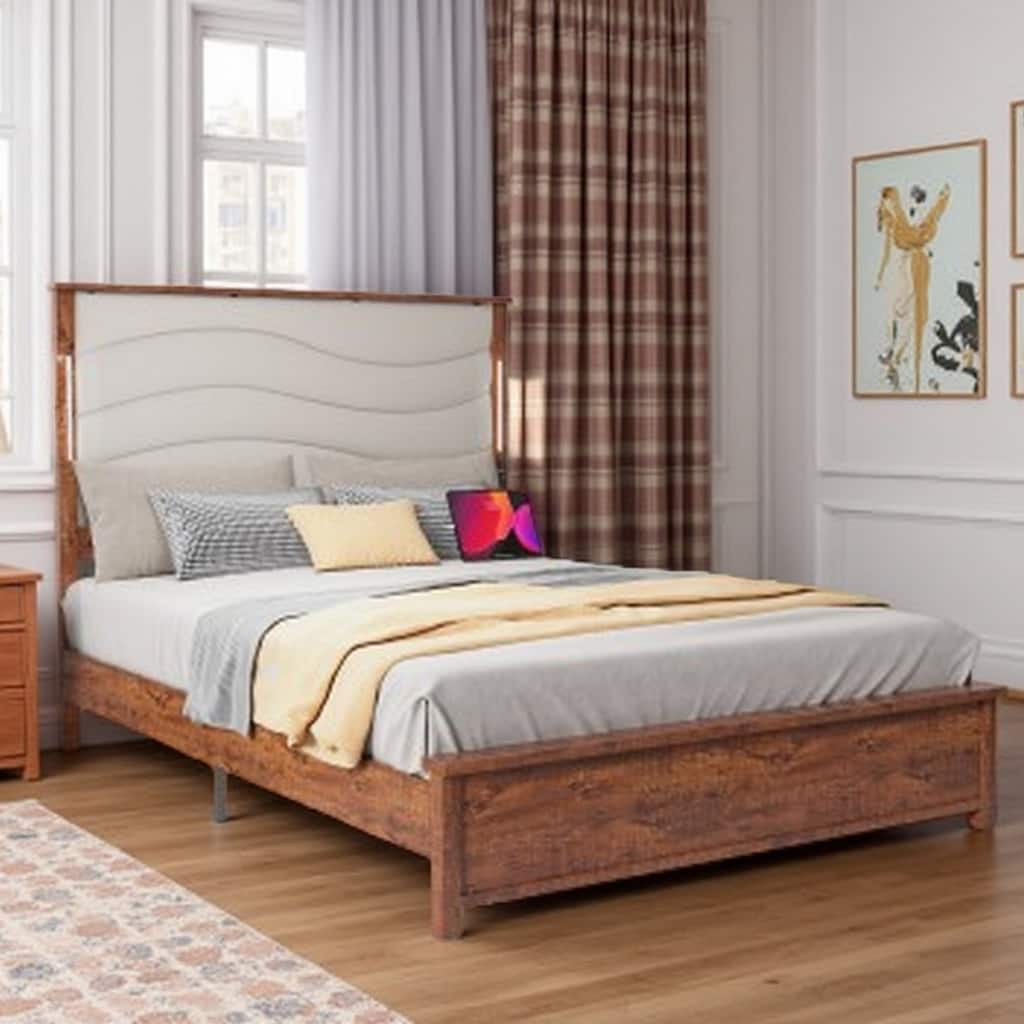 Queen Size Platform Bed Frame with Upholstered Headboard, LED Lights, Charging Station, USB & Type-C Ports