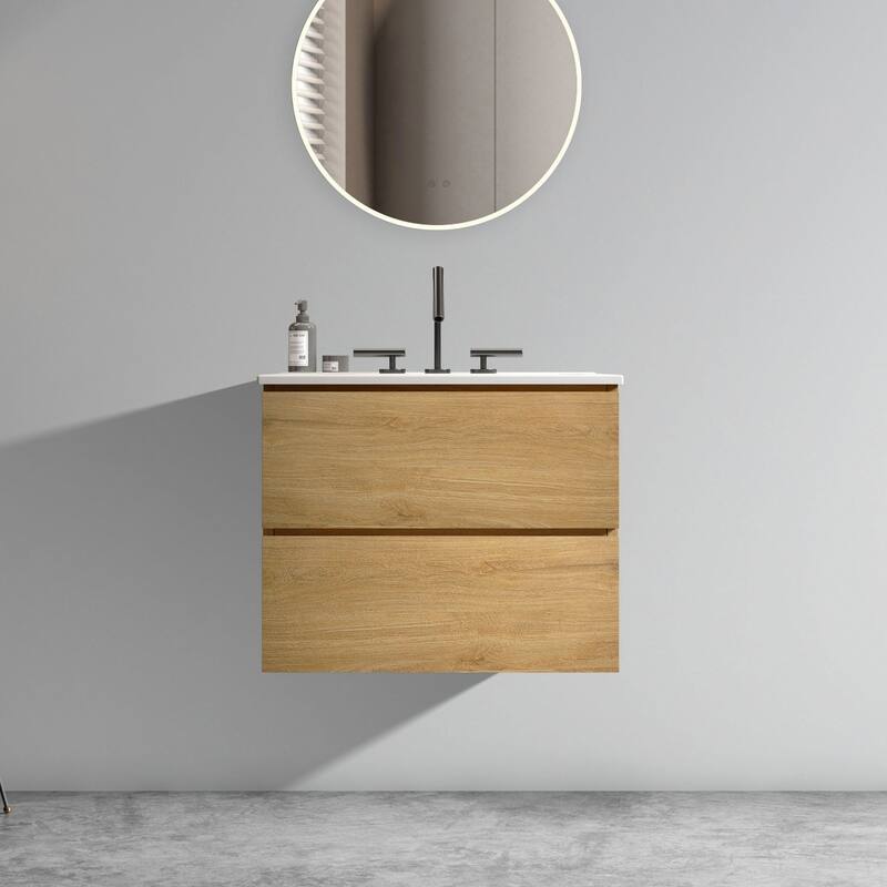 GDFStudio - Coralie Modern Floating Bathroom Vanity with Integrated Ceramic Sink and Soft-Close Storage - OAK - 24" (three faucet holes)