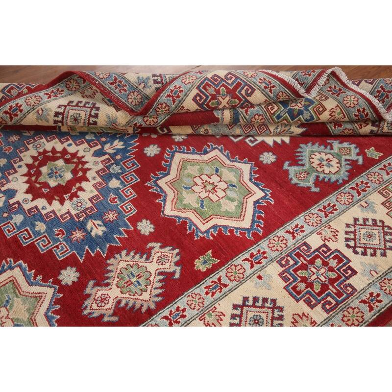 Hand Knotted Oriental 100% Wool Carpet Traditional Geometric Red Kazak Area Rug - 9' 9'' X 6' 7''