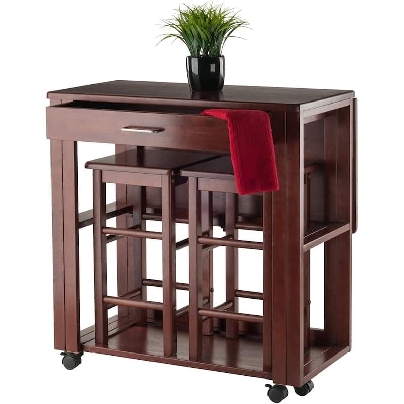 Drop Leaf Dining Set - Rolling Kitchen Table with Stools - Compact Space Saver - Engineered Wood Finish
