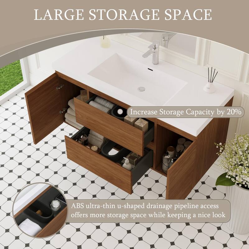 GDFStudio - Ethan Contemporary Floating Bathroom Vanity with Integrated Resin Sink and Soft-Close Storage Drawers