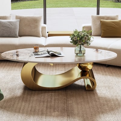 49.2" Faux Marble Oval Coffee Table, Contemporary Gold Stainless Steel Base, Modern Center Table for Living Room