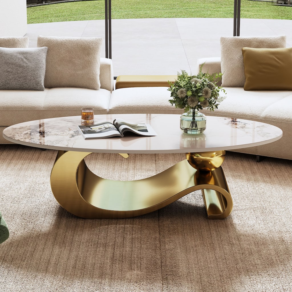 GDFStudio - Contemporary 49.2" Oval Sintered Stone Coffee Table with S-Shaped Stainless Steel Base & Novel-Pattern Top