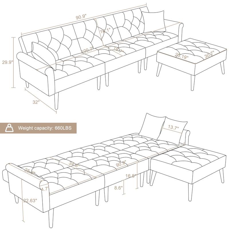 Convertible Velvet Sofa Couch, Sectional Sofa with Ottoman, Mid-Century Futon Sofa Bed - 32"D x 100.7"W x 29.9"H