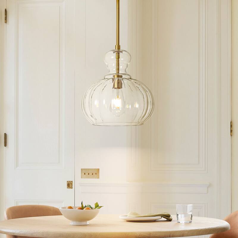 11" W Modern Traditional 1-Light Black/Gold Pendant Light with Clear Ribbed Pumpkin-shaped Glass Shade