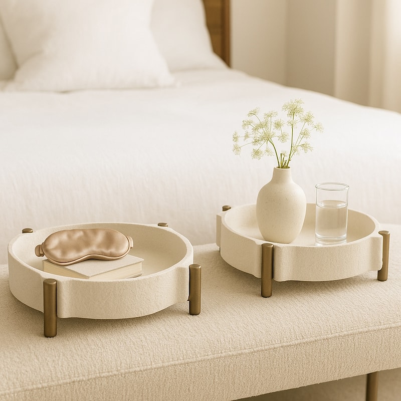 Pottery and Metal Round Accent Tray- Set of 2 - 14", 11", Beige & Gold - 14.0"