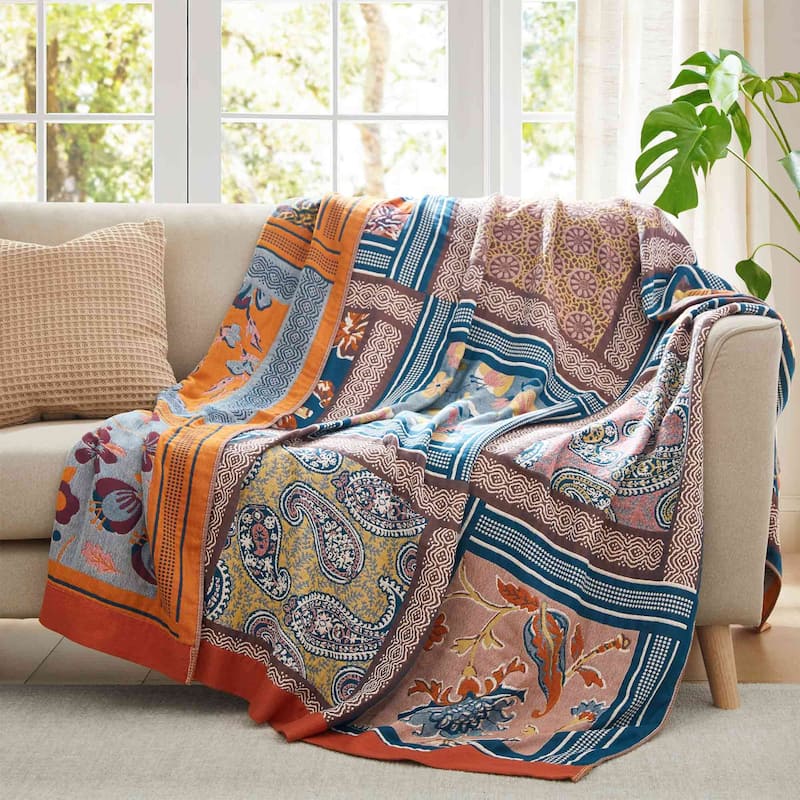 100% Cotton Boho Floral Thermal Breathable Jacquard Throw Blankets - Patchwork